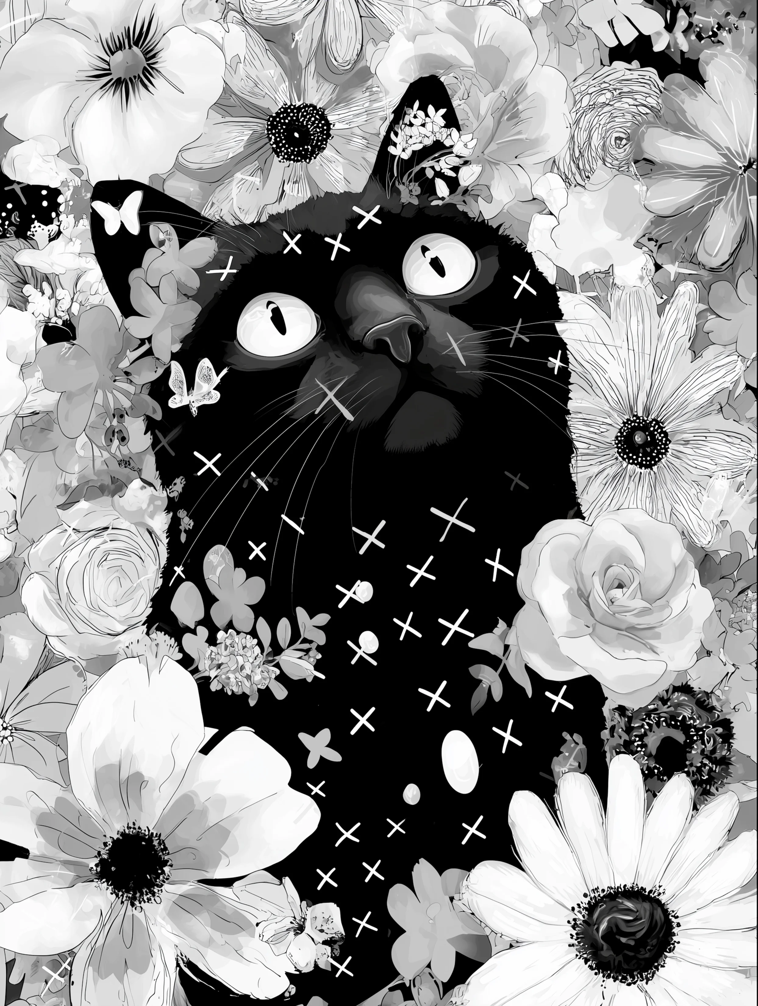 Free printable black cat coloring page for adults featuring faint x marks on black cat with flowers